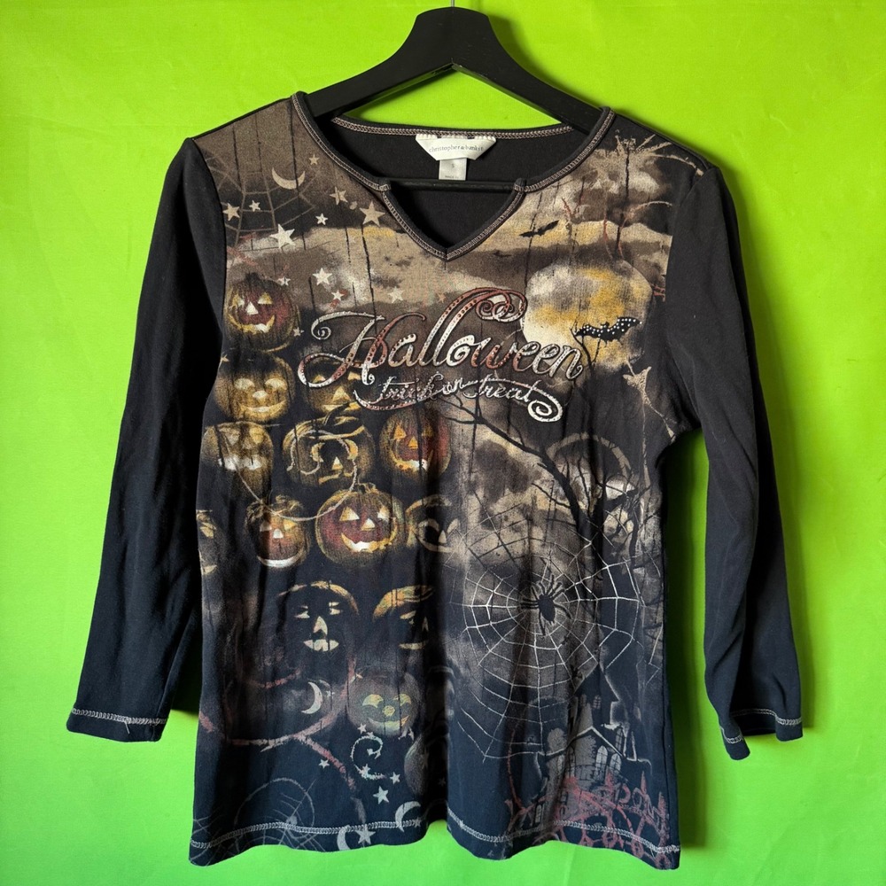 Y2K Christopher Banks Halloween Graphic Top Small Black Pumpkins Spiderwebs USA